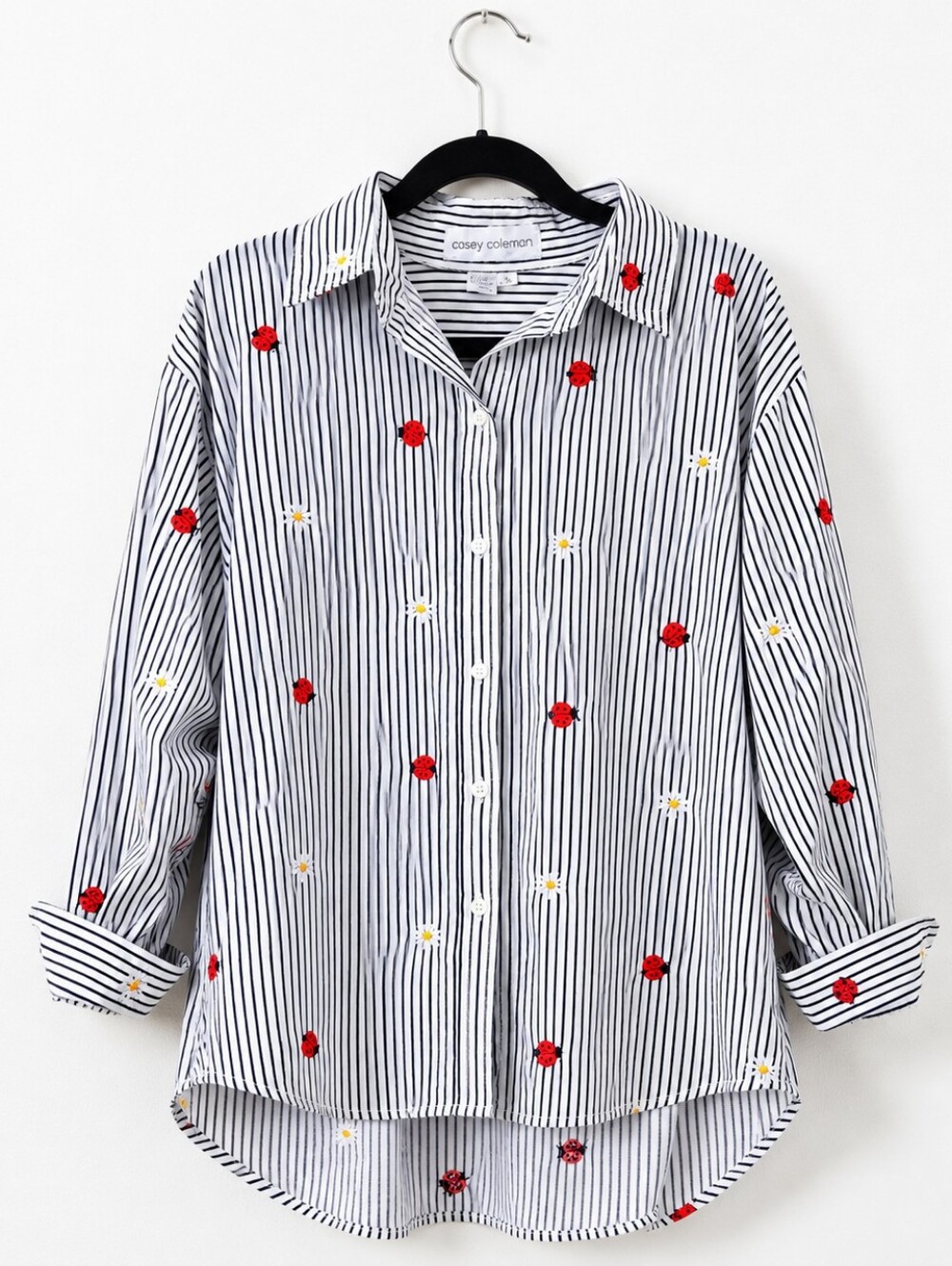 Casey Coleman Ladybug Daisy Embroidered Stripe Button Shirt XL Cottagecore Cute
